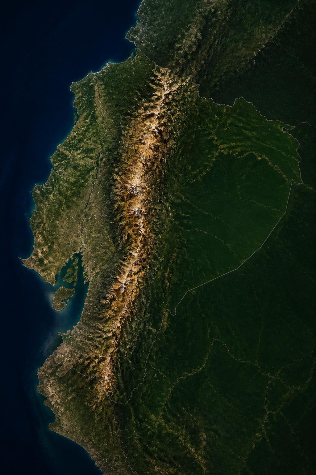 Satellite map of Ecuador showing the Pacific coast, Andes mountain range and Amazon basin