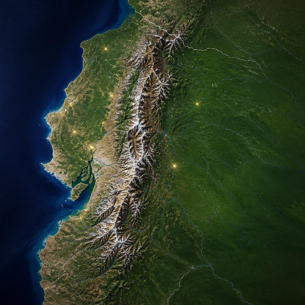 Satellite map of Ecuador showing the Pacific coast, Andes mountain range and Amazon basin
