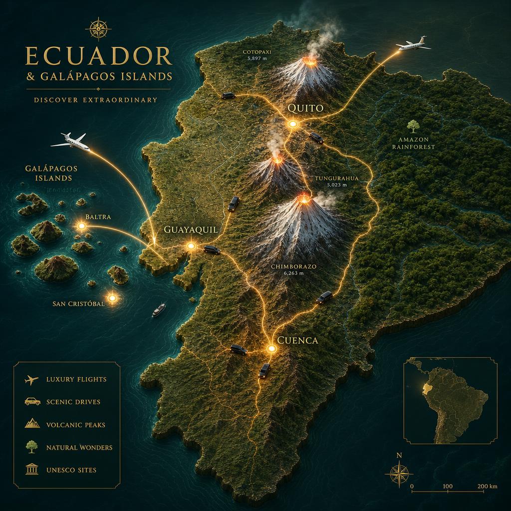 Topographic route map of Ecuador and Galápagos with glowing waypoints connecting Quito, Guayaquil, Cuenca and the archipelago